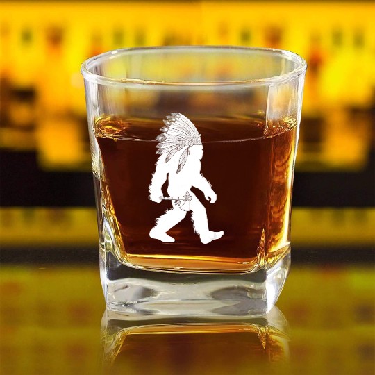 native american bigfoot wearing head holding Square Whiskey Glasses