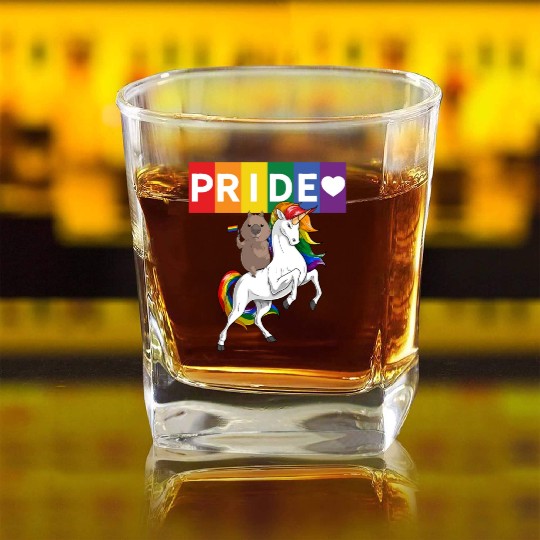 LGBT Gay Pride Wombat Riding Rainbow Unicorn Square Whiskey Glasses