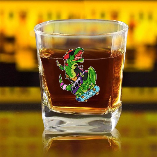 T-Rex Skateboard Cool Dinosaur Fan Gift Square Whiskey Glasses