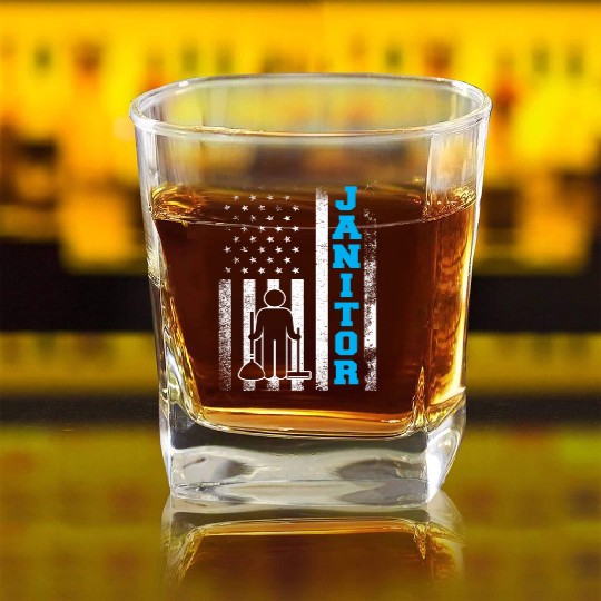 Janitor School Custodian Cleaner Janitors US Flag Square Whiskey Glasses
