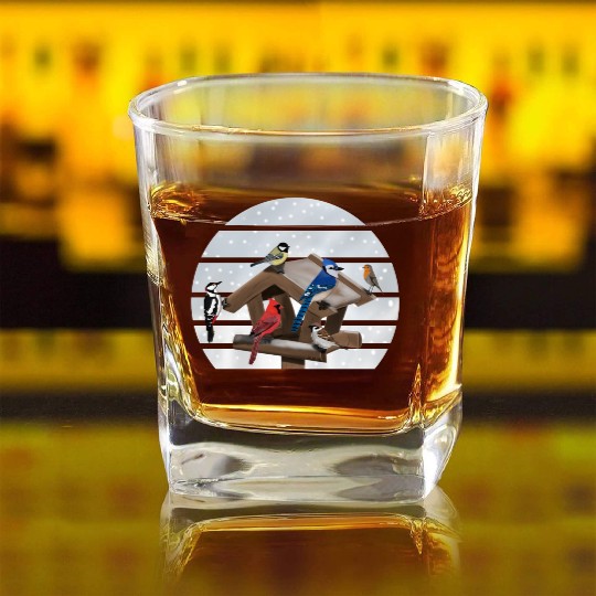 Birds Bird House Cardinal Blue Jay Robin Sparrow Square Whiskey Glasses