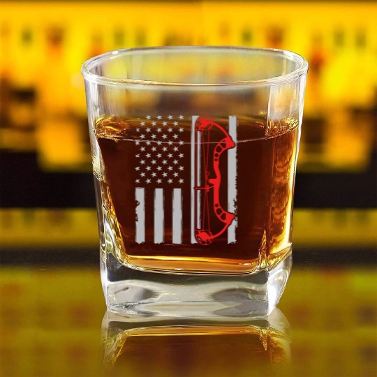 Bow deer hunting American flag gift for Bow Square Whiskey Glasses