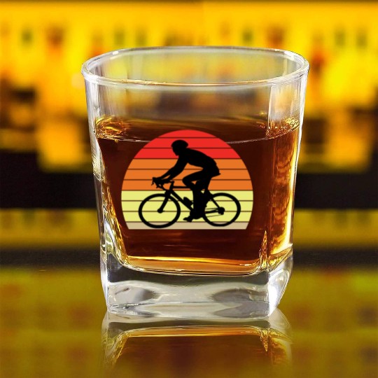 Retro sunset male cyclist Square Whiskey Glasses