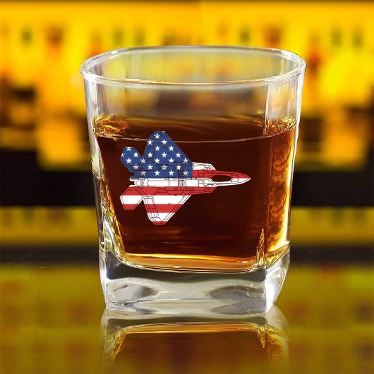 F-22 Raptor Fighter Jet Airplane American Flag F22 Square Whiskey Glasses