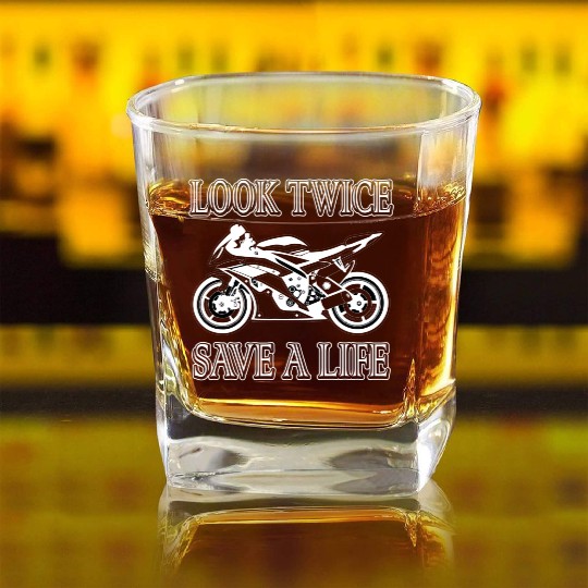 Look Twice Save A Life Motorcycle Bike Safety Square Whiskey Glasses
