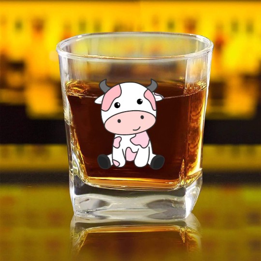 Strawberry Cow Cute Pink Strawberry Cow Kawaii Square Whiskey Glasses