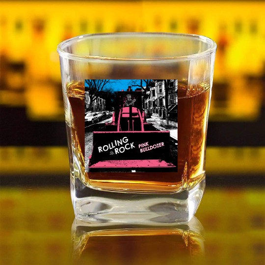 Pink Bulldozer / Rolling Rock Square Whiskey Glasses