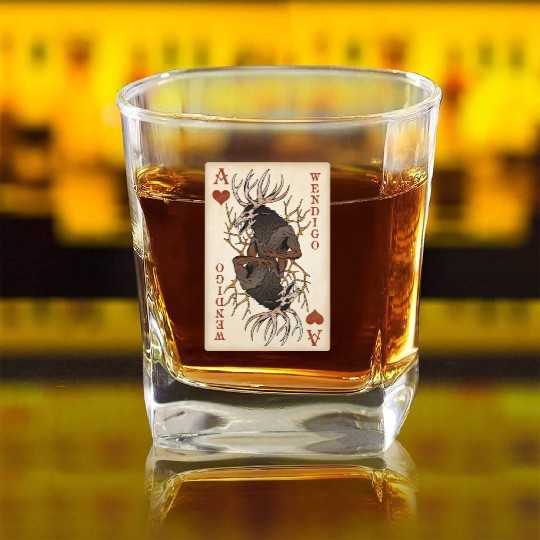 Wendigo Playing Card - Ace of Hearts Cryptid Art Square Whiskey Glasses