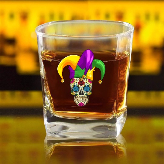 Sugar Skull Mardi Gras Jester Joker Louisiana Carn Square Whiskey Glasses