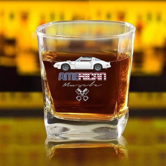 American Muscle Cameo White w Orange Graphics Square Whiskey Glasses