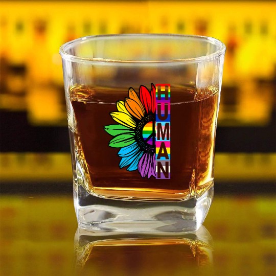 HUMAN Sunflower LGBT Flag Gay Pride Month LGBTQ Square Whiskey Glasses