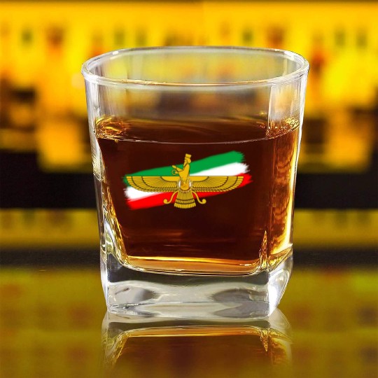 Iran Flag Faravahar Lion Sun Square Whiskey Glasses