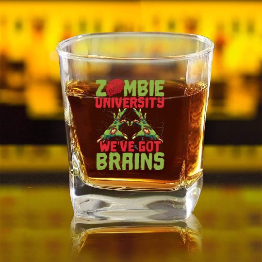 Zombie University We've Got Brains Trick Or Treat Square Whiskey Glasses
