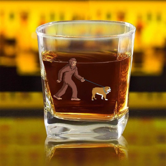 Bigfoot Sasquatch Walking English Bulldog Square Whiskey Glasses
