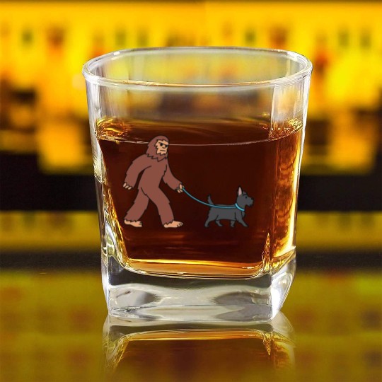 Bigfoot Sasquatch Walking Scottish Terrier Square Whiskey Glasses