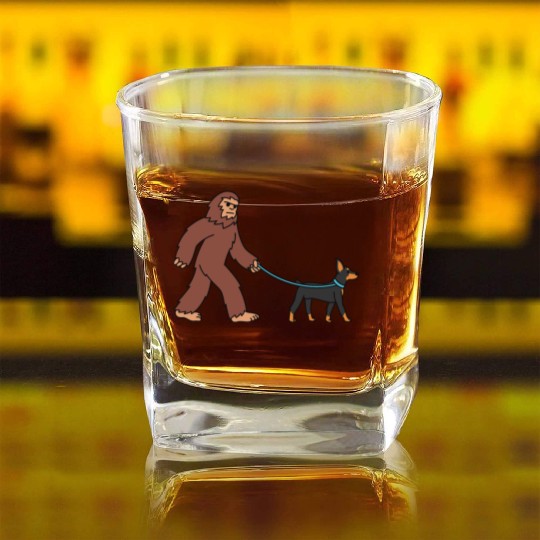 Bigfoot Sasquatch Walking Doberman Square Whiskey Glasses