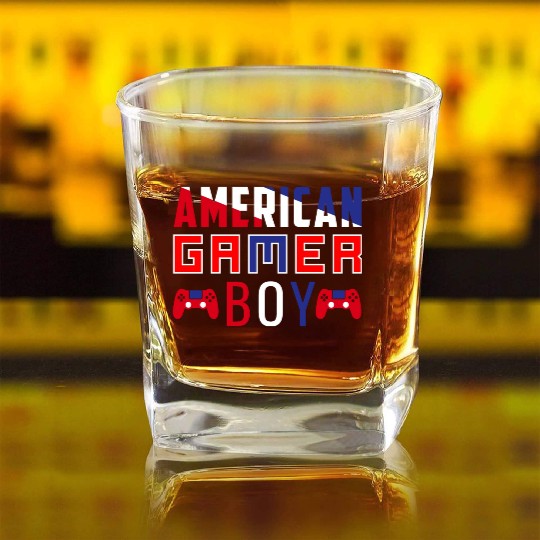 American gamer boy, Flag Video Game Boys Kids Teen Square Whiskey Glasses
