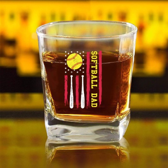 Softball Dad Vintage American Flag Square Whiskey Glasses