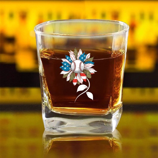 US Leopard Baseball Sunflower Women American Flag Square Whiskey Glasses