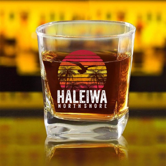 Haleiwa Hawaii HI North Shore Sunset Surf Surfing Square Whiskey Glasses