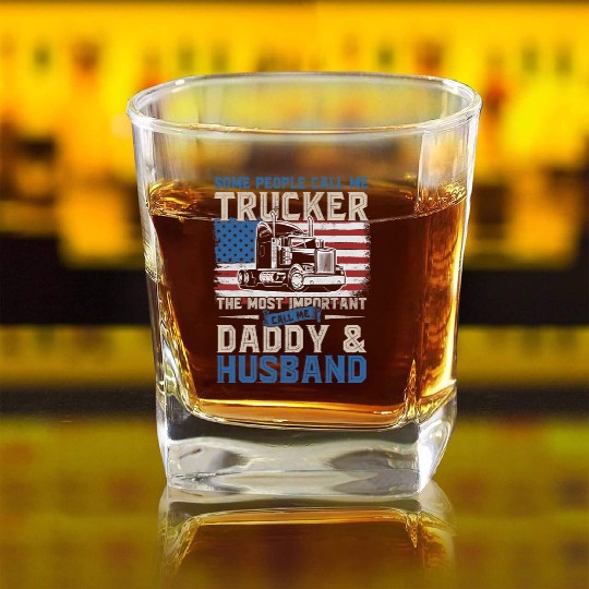 Truck Driver Trucker Daddy Husband US Flag Square Whiskey Glasses