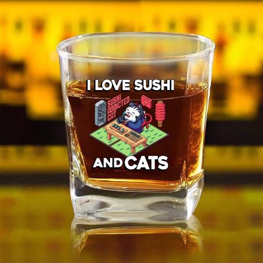 I Love Sushi And Cats, Sushi Lover, Japan, Square Whiskey Glasses