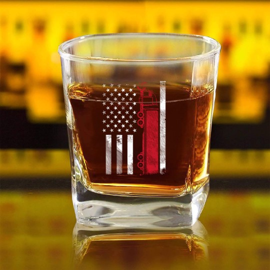 US American Flag Semi Truck Driver 18 Wheeler Square Whiskey Glasses