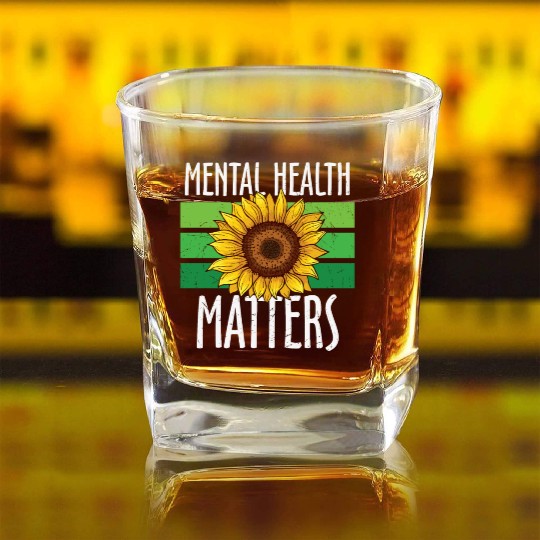 Mental Health Matters Green Sunflower Square Whiskey Glasses