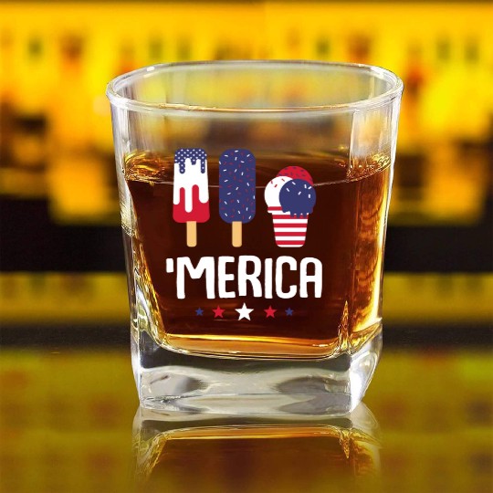 Merica Ice Cream Lover Popsicles US Flag Square Whiskey Glasses
