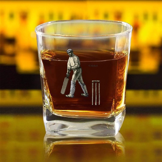 Vintage Cricket Player with a Bat and Wicket URM Square Whiskey Glasses