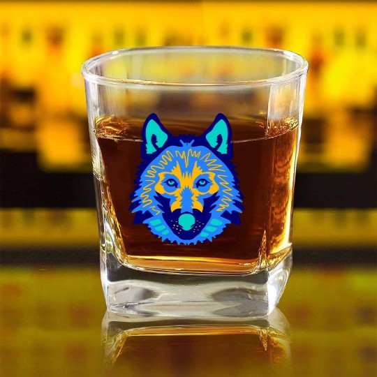 blue wolf face Square Whiskey Glasses