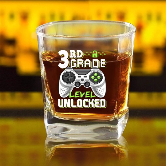 3rd Grade Level Unlocked Video Game Back to School Square Whiskey Glasses
