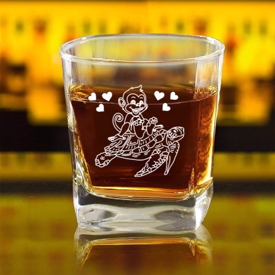 Sea Turtle And Monkey Lover - Funny Monkey Turtle Square Whiskey Glasses