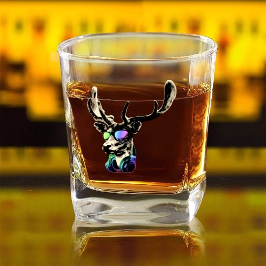 Deer DJ Brown Sticker Cool and Funny Music Animal Square Whiskey Glasses