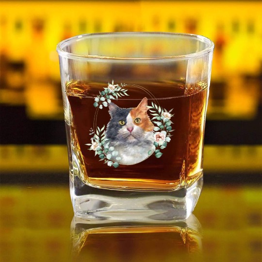 Calico Cat in a Floral Gold Wreath Frame Square Whiskey Glasses