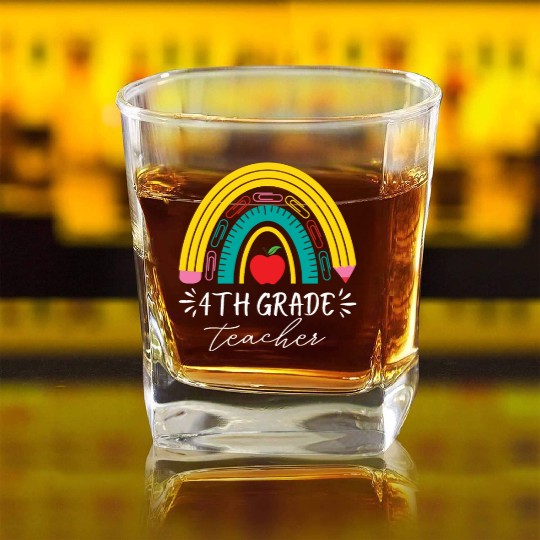 4th grade teacher back to school rainbow pencil Square Whiskey Glasses