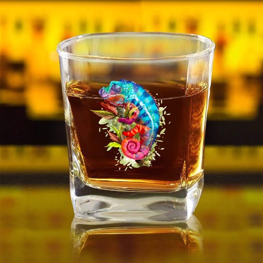 A chameleon is sitting on a branch 11 1 Square Whiskey Glasses