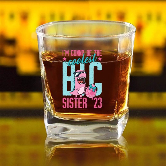 Coolest Big Sister 2023 Baby Pregnancy Dino Girls Square Whiskey Glasses