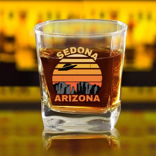 Sedona Arizonna Retro Sunset and UFO Square Whiskey Glasses