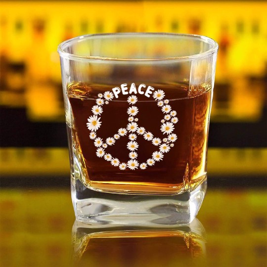 Daisy Peace Sign Women Gardener Hippie Square Whiskey Glasses