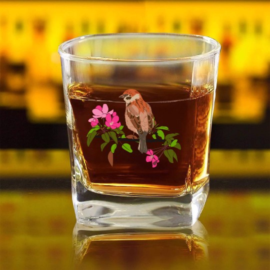 Sparrow on a branch pink flowers of an apple tree Square Whiskey Glasses