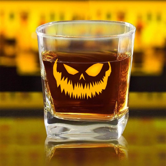 Jack O Lantern Spooky Pumpkin Face Halloween Square Whiskey Glasses