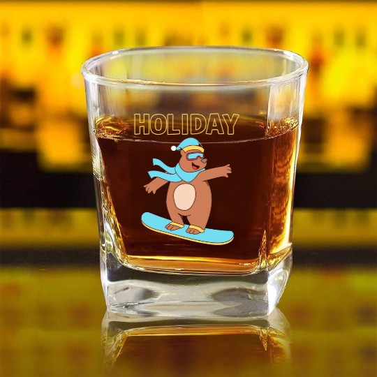 Holiday Winter Vacation Snowboarding Bear Square Whiskey Glasses