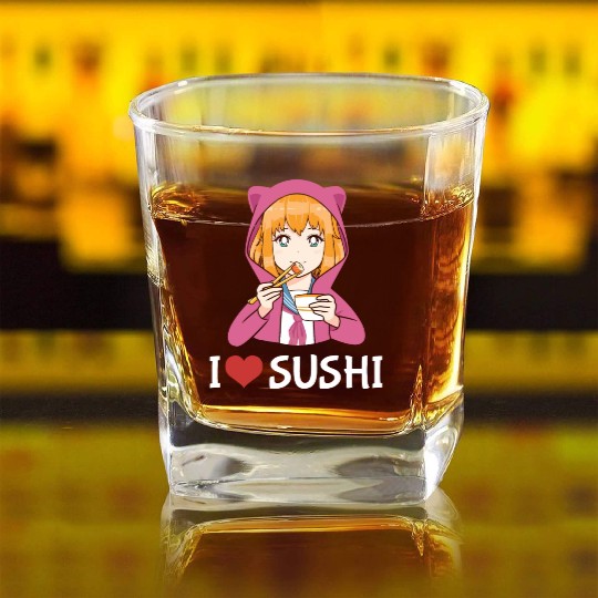 Kawaii Anime Girl I Love Sushi Square Whiskey Glasses