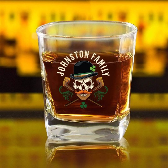 Johnston Family Irish Skull with Shillelagh and Square Whiskey Glasses