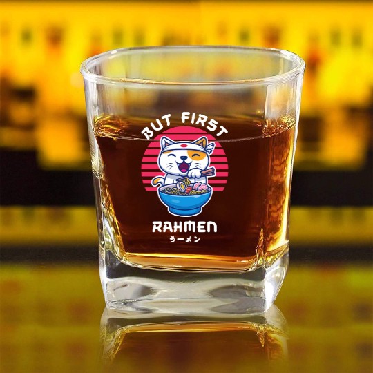 But First Ramen Cat Japan Kawaii Square Whiskey Glasses