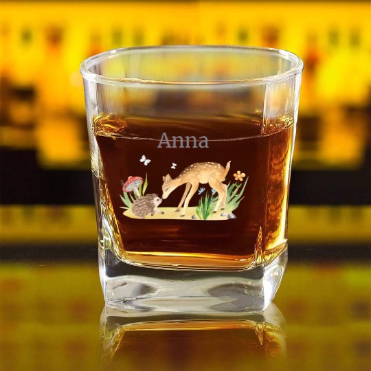 Forest Animal Deer Hedgehog Flowers Name Anna Square Whiskey Glasses