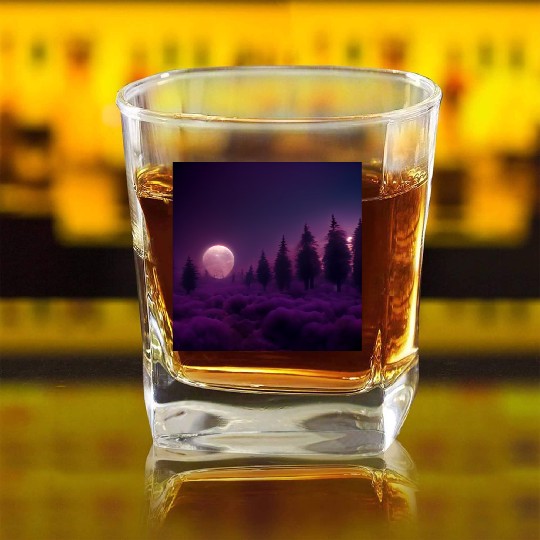 Forest in night above purple clouds, moon Square Whiskey Glasses