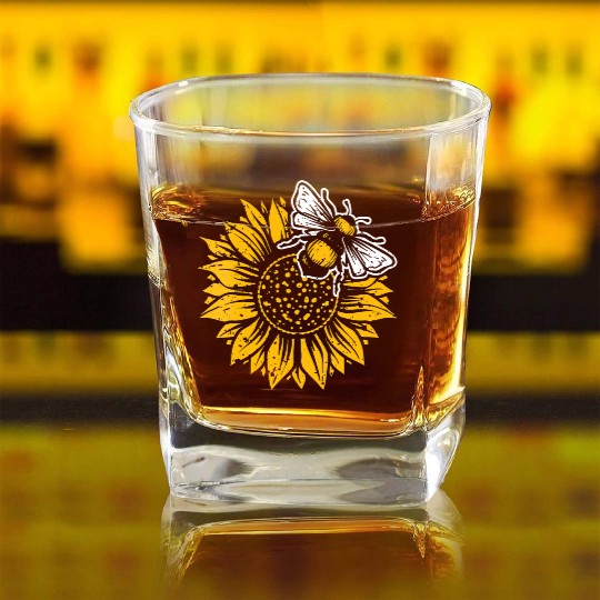 Womens Bumblebee Sunflower Springtime Save The Bee Square Whiskey Glasses