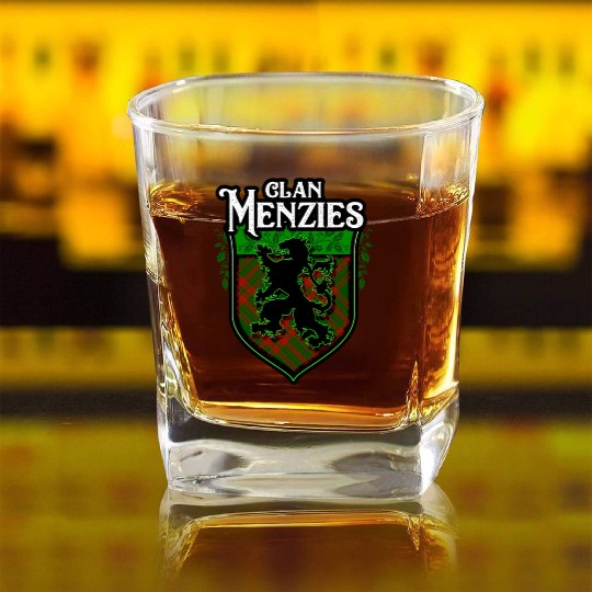 Clan Menzies Scottish Tartan Rampant Lion Celtic Square Whiskey Glasses